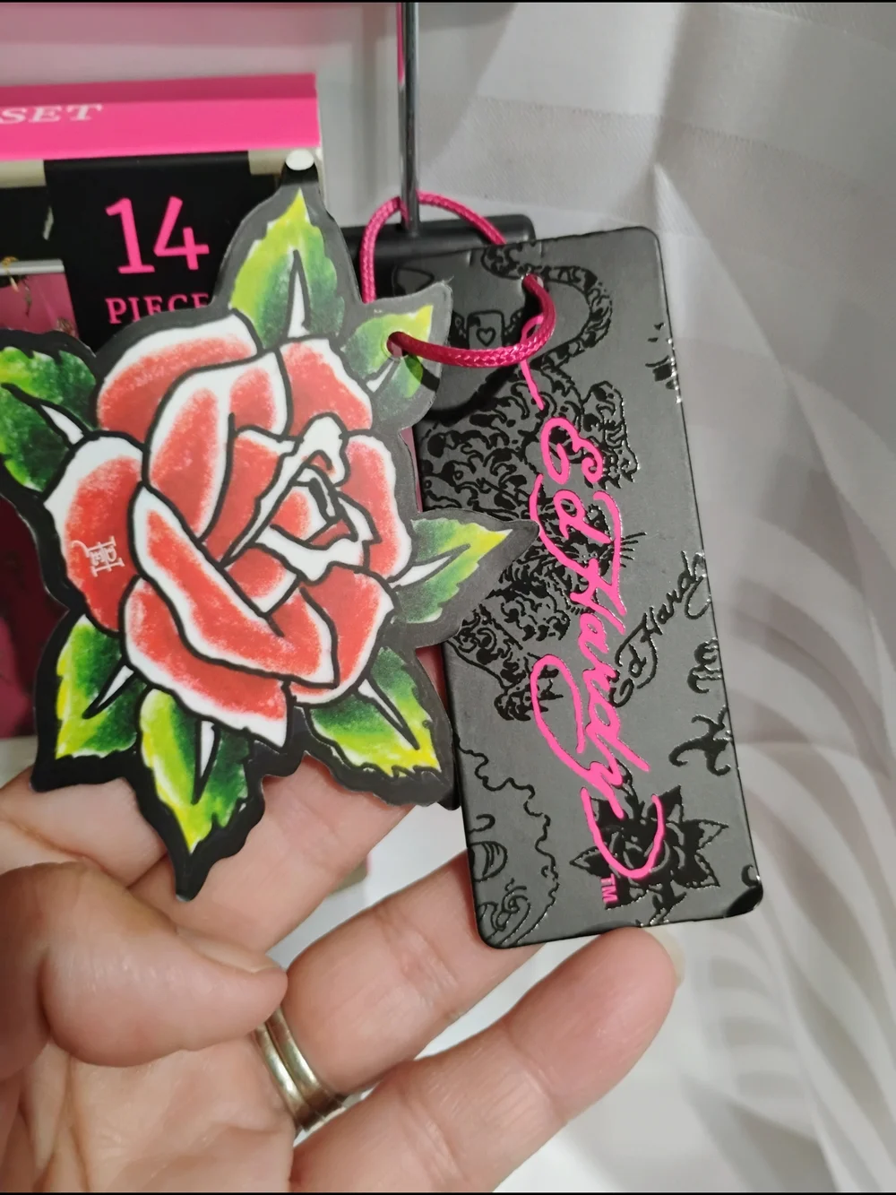 Ed Hardy Pink Rose Shower Curtain Set with Gold Rings